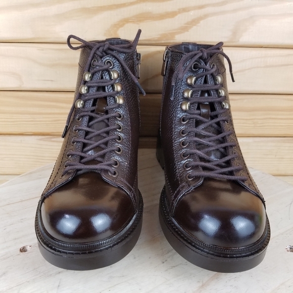 Men's 100% Genuine Leather Brown Ankle Boots 7 US Paul Branco Side Zip Lace-up - Picture 3 of 12